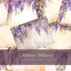 Kit di diario spazzatura di glicine dell'acquerello Pagina di diario stampabile di cancelleria floreale Fiori viola Bellissimo giardino Carta digitale per Scrapbooking