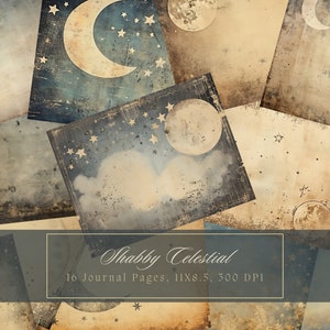 Shabby Moon Junk Journal Kit Celestial Journal Pages Starry Sky Digital Paper Scrapbooking Vintage Crescent Journal Página nocturna imprimible
