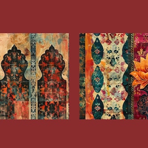 Puede incluir: Dos paneles de tela con patrones coloridos y dise&ntilde;os intrincados. El panel izquierdo presenta tres puertas arqueadas con un patr&oacute;n repetitivo de formas geom&eacute;tricas. El panel derecho presenta un dise&ntilde;o floral con una gran flor de loto naranja en el centro.