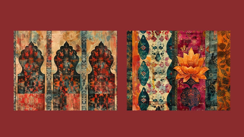 Puede incluir: Dos paneles de tela con patrones coloridos y dise&ntilde;os intrincados. El panel izquierdo presenta tres puertas arqueadas con un patr&oacute;n repetitivo de formas geom&eacute;tricas. El panel derecho presenta un dise&ntilde;o floral con una gran flor de loto naranja en el centro.