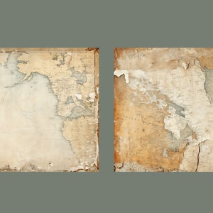 May include: Two antique maps of the world, both are faded and have some damage, the map on the left is mostly white, the map on the right is mostly brown.