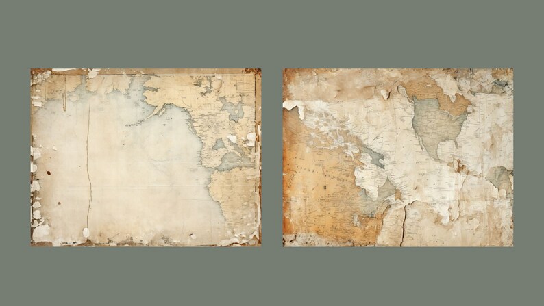 May include: Two antique maps of the world, both are faded and have some damage, the map on the left is mostly white, the map on the right is mostly brown.