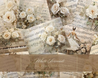 Vintage White Roses Music Junk Journal Kit Vintage Ephemera Journal Digital Paper Scrapbooking Printable Collage Sheets Pages Shabby Chic
