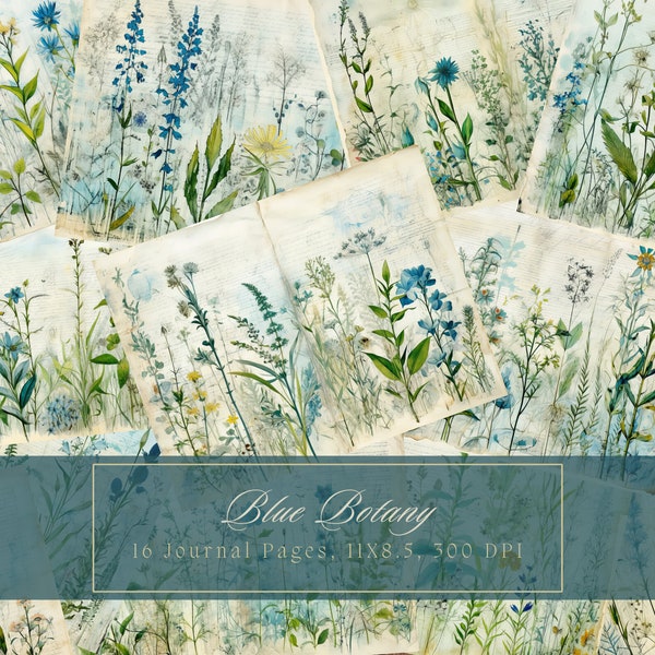 Watercolor Botanical Journal Kit Vintage Floral Journal Digital Paper for Scrapbooking Blue Vintage Printable Shabby Pages Instant Download