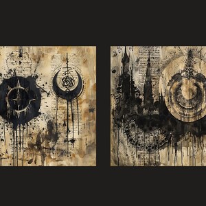 May include: Two black and white abstract paintings on a textured, aged paper background. The first painting features three circular shapes with a black and white design. The second painting features a black silhouette of a city skyline with a circular shape in the center.