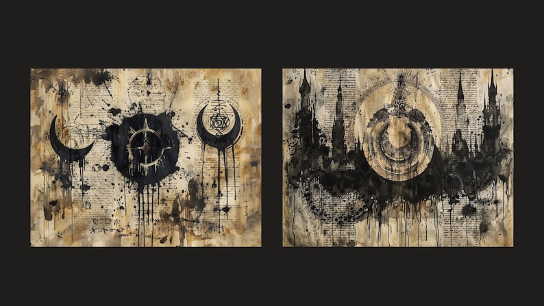 May include: Two black and white abstract paintings on a textured, aged paper background. The first painting features three circular shapes with a black and white design. The second painting features a black silhouette of a city skyline with a circular shape in the center.