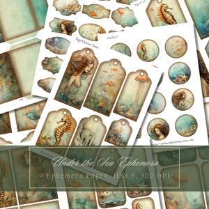 Sirène Ephemera Junk Journal Addon Kit Tags océan cartes imprimables étiquettes thème mer Scrapbooking enveloppes téléchargement immédiat usage commercial