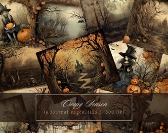 Creepy Halloween Junk Journal Kit Vintage Goth Ephemera Dark Forest Collage Sheets Haunted Digital Paper Scrapbooking Scary Landscape Pages