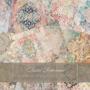 Kit de diario basura con collage bohemio, hojas desgastadas shabby chic, papel digital bohemio pastel imprimible para álbumes de recortes, fondos, efímeras vintage