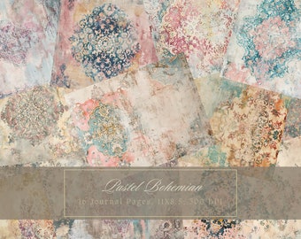 Kit de diario de collage bohemio, hojas descoloridas estilo shabby chic, papel digital bohemio en tonos pastel imprimible para fondos de scrapbooking, efímeros vintage.