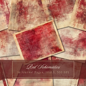 Kit diario di collage rosso, texture di carta digitale bordeaux, fogli grunge per scrapbooking, effimeri vintage, pagine shabby, download immediato