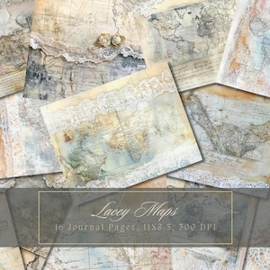Kit de diario basura con encaje y mapas antiguos Páginas de diario imprimibles de viaje Papel digital grunge Páginas vacías rústicas Página de diario en blanco Shabby Chic