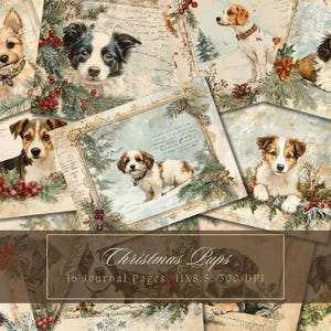 Kit diario di Natale con cani, pagine invernali con acquerello, carta digitale per scrapbooking, stampabile, pagina shabby, cucciolo, vittoriano, tecniche miste