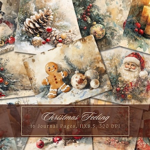 Kit de diario basura navideño con acuarela, efímera vintage de Papá Noel, muñeco de nieve, papel digital, páginas para álbumes de recortes, hojas para collages de Navidad