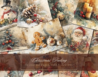 May include: Ten digital journal pages with a Christmas theme. The pages feature illustrations of a snowman, gingerbread man, Santa Claus, pine cones, ornaments, and candles. The pages are 11x8.5 inches and 300 DPI.
