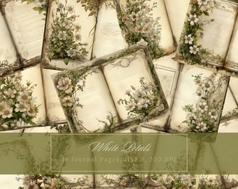 White Flower Junk Journal Kit Floral Double Journal Pages Garden Digital Paper Scrapbooking Bouquet Shabby Pages Flowers Old Book Printable