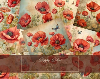 Poppy Junk Journal Kit Vintage Ephemera Journal Poppies Digital Paper for Scrapbooking Floral Printable Shabby Pages Instant Download