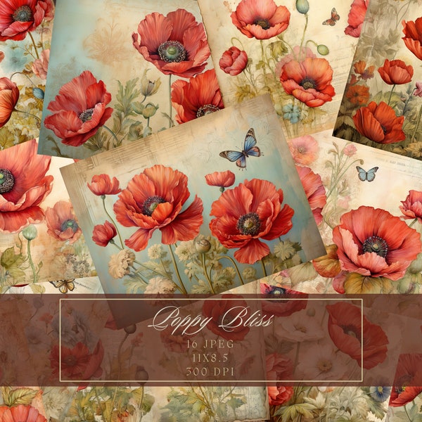 Poppy Junk Journal Kit Vintage Ephemera Journal Poppies Digital Paper for Scrapbooking Floral Printable Shabby Pages Instant Download