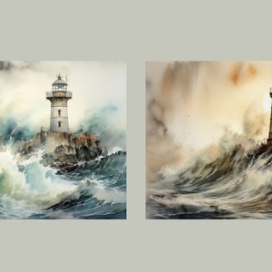 May include: A watercolor painting of a lighthouse on a rocky outcropping with crashing waves in the foreground. The lighthouse is white with a black roof and a red light at the top. The waves are a mix of blue, green, and white. The sky is a light gray with some clouds.