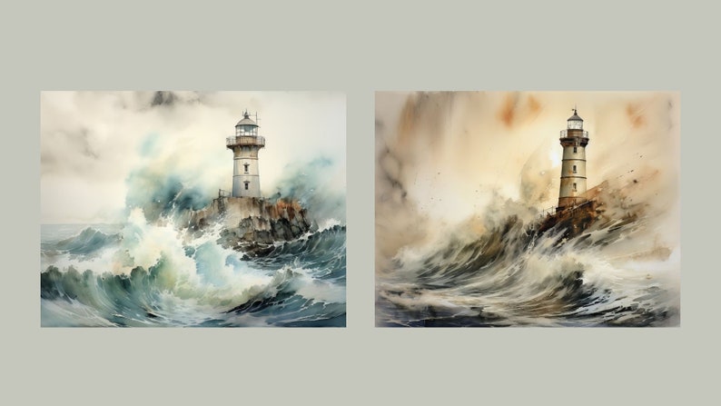 May include: A watercolor painting of a lighthouse on a rocky outcropping with crashing waves in the foreground. The lighthouse is white with a black roof and a red light at the top. The waves are a mix of blue, green, and white. The sky is a light gray with some clouds.