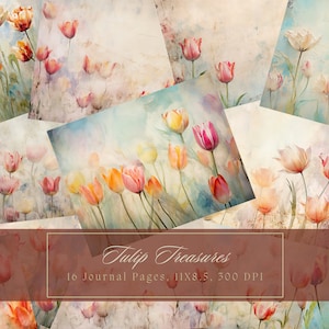 Tulip Junk Journal Kit Diario floreale vintage Bellissimi tulipani Carta digitale per Scrapbooking Pagine squallide stampabili Grunge Download istantaneo