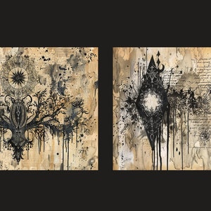 May include: Two black and white abstract art prints on a textured, aged paper background. The prints feature intricate designs with a dark, gothic aesthetic.
