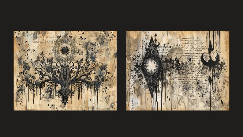 May include: Two black and white abstract art prints on a textured, aged paper background. The prints feature intricate designs with a dark, gothic aesthetic.