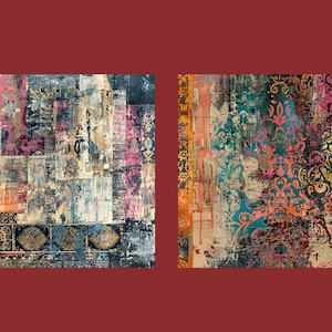Puede incluir: Dos alfombras coloridas con intrincados patrones y un aspecto desgastado y vintage. Las alfombras presentan una mezcla de colores azules, verdes, rosas, dorados y marrones.