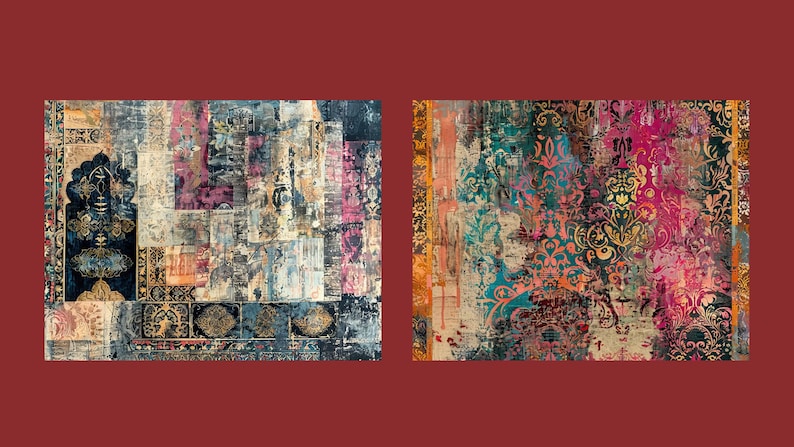 Puede incluir: Dos alfombras coloridas con intrincados patrones y un aspecto desgastado y vintage. Las alfombras presentan una mezcla de colores azules, verdes, rosas, dorados y marrones.