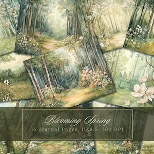 Papel de diario basura con acuarela y fondo de bosque, páginas de diario imprimibles, kit de diario basura con árboles, papel digital para scrapbooking de primavera