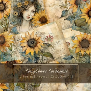 Sunflower Junk Journal Kit Vintage Ephemera Journal Sunflowers Digital Paper for Scrapbooking Floral Printable Shabby Pages Instant Download