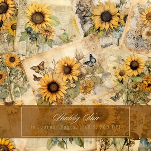 Kit de diario basura de girasol Vintage Floral Journal Girasoles Papel digital para Scrapbooking Grunge Imprimible Shabby Pages Descarga instantánea