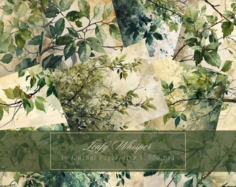 May include: 16 digital journal pages featuring watercolor illustrations of green leaves on a vintage background. The text "Leafy Whisper" and "16 Journal Pages - 11x8.5, 300 DPI" is displayed on a green banner.