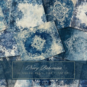 Kit de diário de lixo de carpete azul Folhas de colagem chiques e surradas Papel digital boho para impressão para fundos de scrapbooking Ephemera vintage