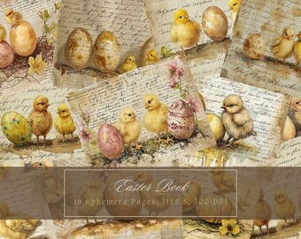 Kit de journal indésirable poussins de Pâques oeufs de Pâques vintage lapin éphémères journal papier numérique pour scrapbooking poulet aquarelle pages imprimables