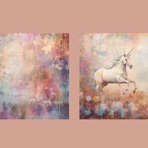 May include: Two digital paintings of white unicorns with silver horns. The first unicorn is looking to the left with its head tilted down. The second unicorn is running to the right with its head held high. Both unicorns are set against a colorful, abstract background.
