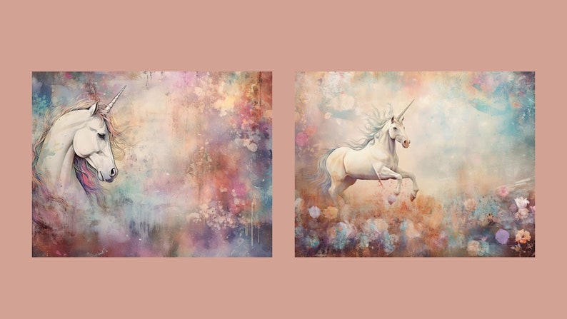 May include: Two digital paintings of white unicorns with silver horns. The first unicorn is looking to the left with its head tilted down. The second unicorn is running to the right with its head held high. Both unicorns are set against a colorful, abstract background.