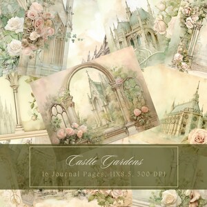 Kit de carnet de voyage jardin romantique roses papier numérique scrapbooking page de journal floral aquarelle imprimable château vintage fleurs éphémères