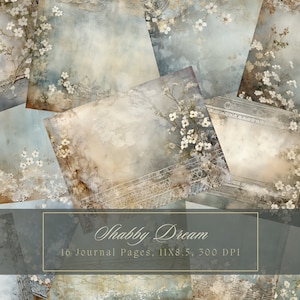 Shabby Chic Junk Journal Kit Blaue Vintage Spitze Ephemera Collage Blätter Druckbare weiße Blume Digitales Papier Scrapbooking Grunge Floral Seiten
