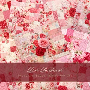 Patchwork Junk Journal Kit Floral Quilt Collage Sheets Pink Rose Textile Mixed Media Flower Papel digital para Scrapbooking Página imprimible