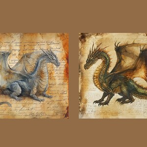May include: Two watercolor paintings of dragons on a parchment background. The dragon on the left is light blue with gray wings. The dragon on the right is green with brown wings.