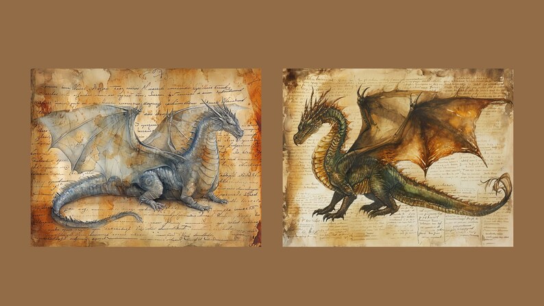 May include: Two watercolor paintings of dragons on a parchment background. The dragon on the left is light blue with gray wings. The dragon on the right is green with brown wings.
