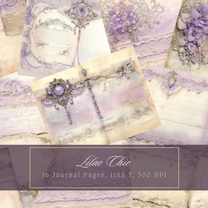 Shabby Chic Junk Journal Kit Lavanda Vintage Encaje Ephemera Collage Hojas Lila Flor Púrpura Papel Digital Scrapbooking Perla Floral Páginas
