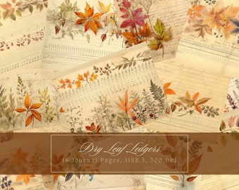 Autumn Junk Journal Kit Vintage Dry Leaf Ledger Journal Fall-Inspired Digital Paper Scrapbooking Leaves Vintage Printable Shabby Empty Pages