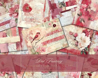 May include: Ten digital journal pages with a red, white, and cream color scheme. The pages feature a variety of textures, including distressed paper, floral patterns, and bird illustrations. The text "Red Fantasy" is displayed at the bottom of the image.