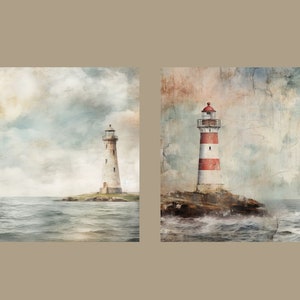 May include: Two lighthouses on rocky islands in a watercolor style. The lighthouse on the left is white and the lighthouse on the right is red and white.