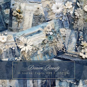 Denim Junk Journal Kit Textielmix Collagebladen Patchwork Digitaal Papier voor Scrapbooking Lace Vintage Ephemera Shabby Chic Afdrukbare pagina's