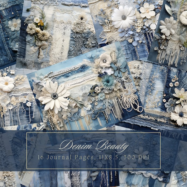 Denim Junk Journal Kit Textile Mix Collage Sheets Patchwork Digital Paper for Scrapbooking Lace Vintage Ephemera Shabby Chic Printable Pages