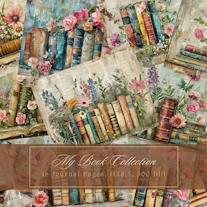 Libri e fiori Kit diario spazzatura Libro ad acquerello Carta digitale Scrapbooking Pagina di diario vintage Fogli di collage floreali effimeri stampabili