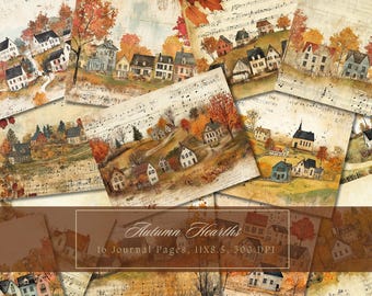Carta per junk journal a tema autunnale, sfondo autunnale, pagine di diario stampabili con case, kit per junk journal, carta digitale per strada autunnale, scrapbooking